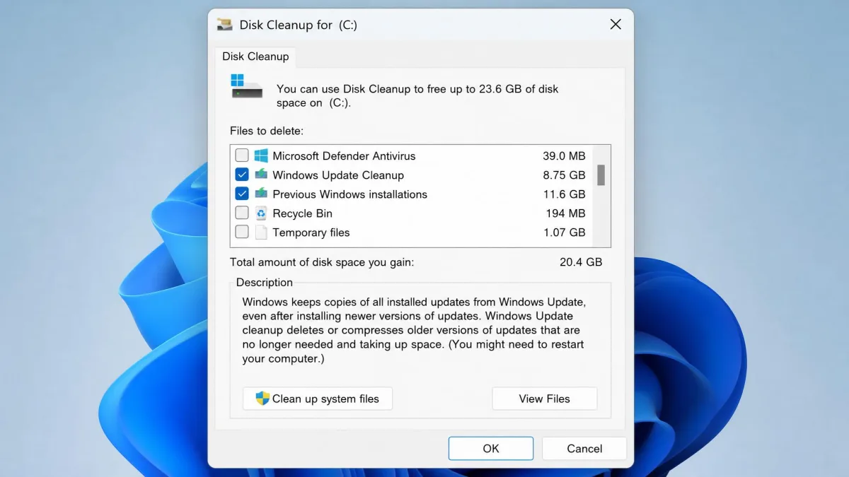 The Windows Disk Cleanup dialog after clicking Clean up system files, showing ticked entries for Windows Update Cleanup and Previous Windows installations alongside their reclaimable size figures.