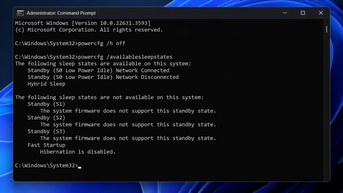 An elevated Command Prompt window showing the powercfg /h off command entered and the following powercfg /availablesleepstates output listing which sleep states remain available.