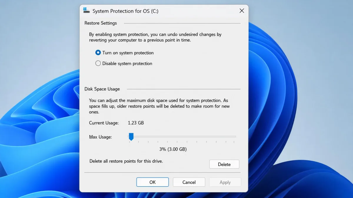 The Windows System Protection settings dialog for the C drive with the Max Usage slider dragged down to a low percentage and the current space usage figure shown beside it.