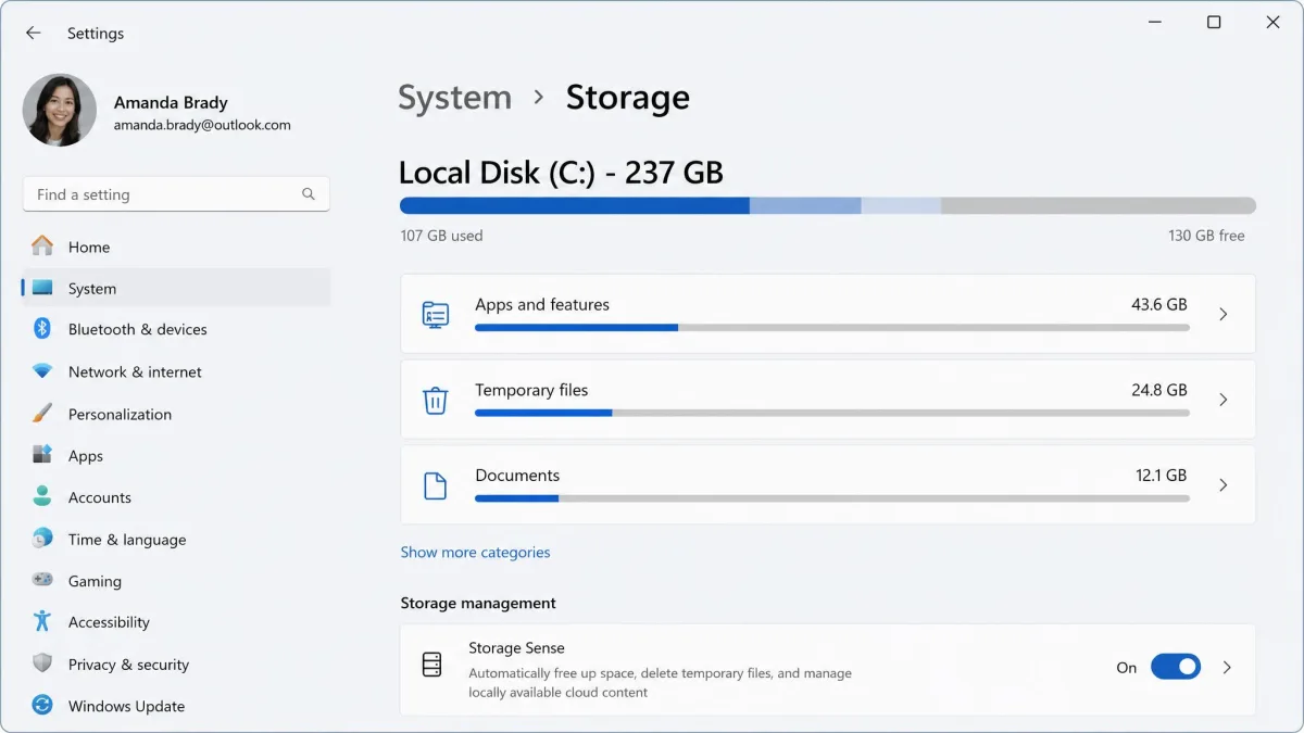 The Windows 11 Settings Storage page showing a segmented usage bar at the top and a category list below it with Apps and features, Temporary files, and Documents each showing a gigabyte figure.