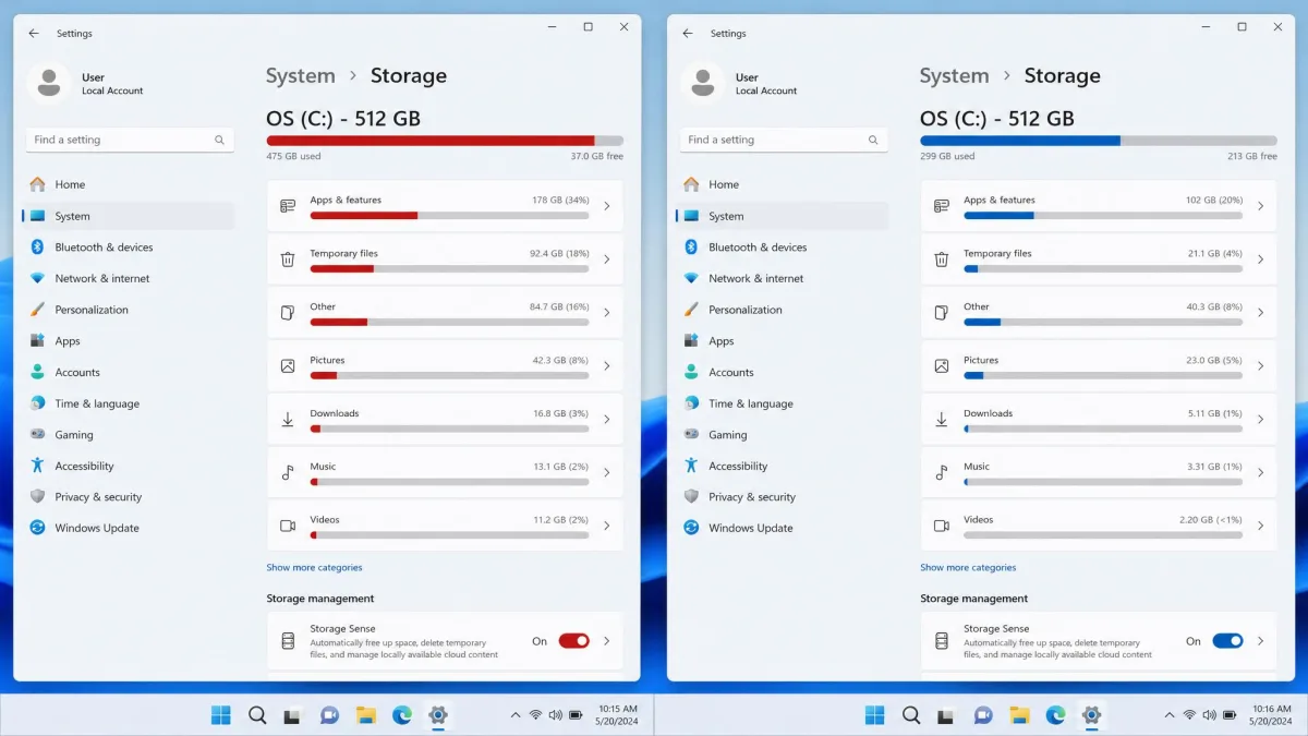 Two side-by-side Windows 11 Storage pages from the same laptop, the left showing a nearly full 512 GB drive with a red usage bar and the right showing the same drive after cleanup with clearly more free space.