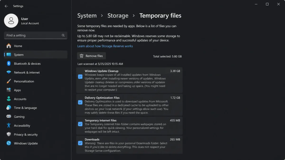 The Windows 11 Temporary files page listing checkboxes for Windows Update Cleanup, Delivery Optimization Files, Temporary Internet Files and Downloads, each with its own size in gigabytes and a Remove files button above.