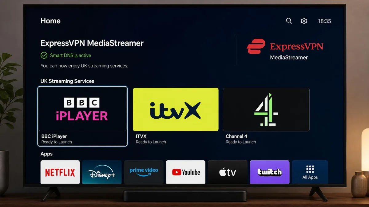 A smart TV home screen with the ExpressVPN MediaStreamer Smart DNS set up, showing UK streaming apps BBC iPlayer, ITVX and Channel 4 available and ready to launch.