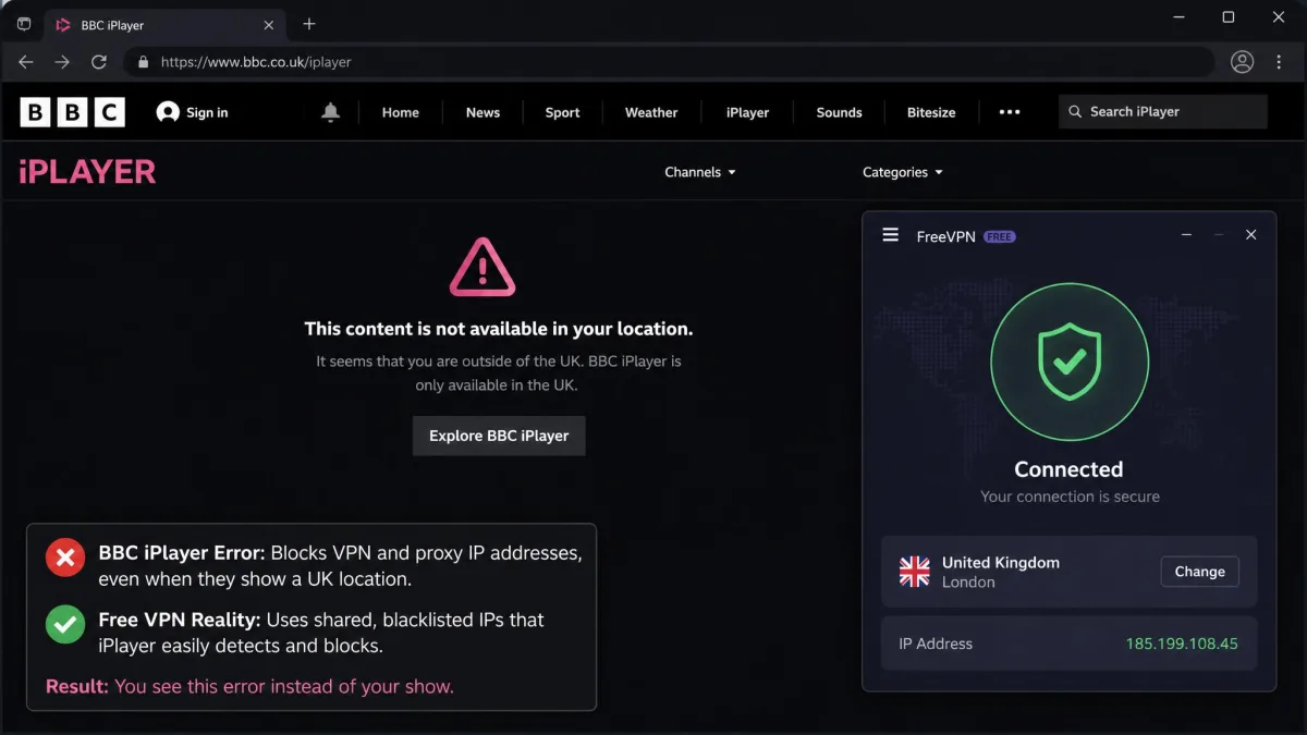 A BBC iPlayer screen displaying a "this content is not available in your location" error while a free VPN shows as connected, illustrating why free VPNs fail on iPlayer.