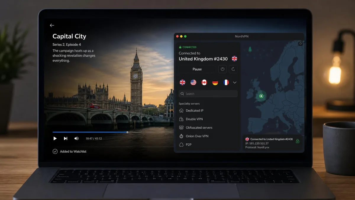 NordVPN connected to a London UK server on a laptop, with iPlayer open in the background showing a programme playing, confirming the stream loaded through the VPN.
