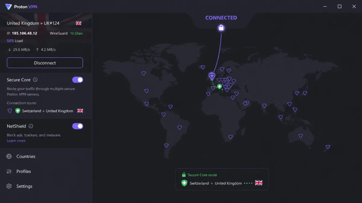 Proton VPN's app connected to a UK server with the Secure Core routing option enabled and the NetShield ad-blocker toggle visible in the sidebar.