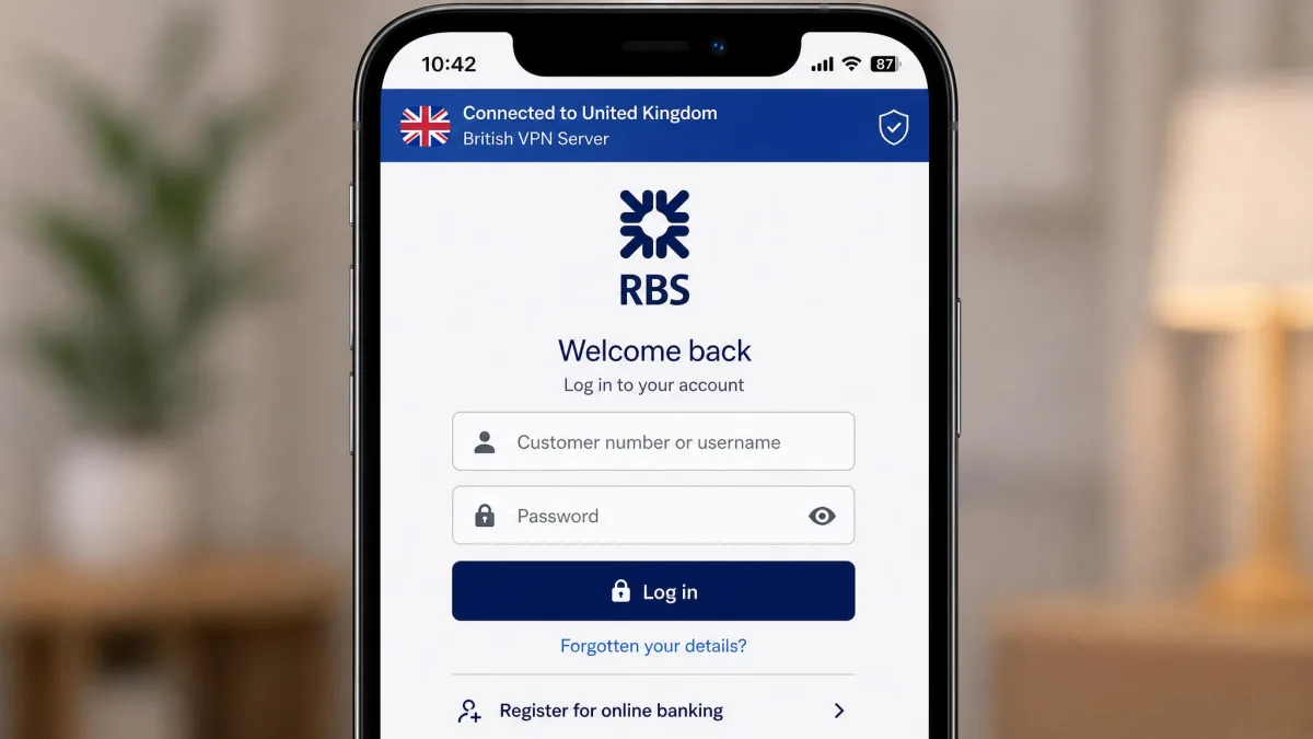 A UK banking app login screen open on a phone connected to a British VPN server, with the VPN status bar visible at the top of the screen confirming a UK connection.