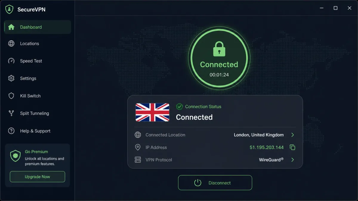 A VPN desktop app showing a successful connection to a London, United Kingdom server, with a green connected status, the UK flag, and the new British IP address displayed in the status panel.