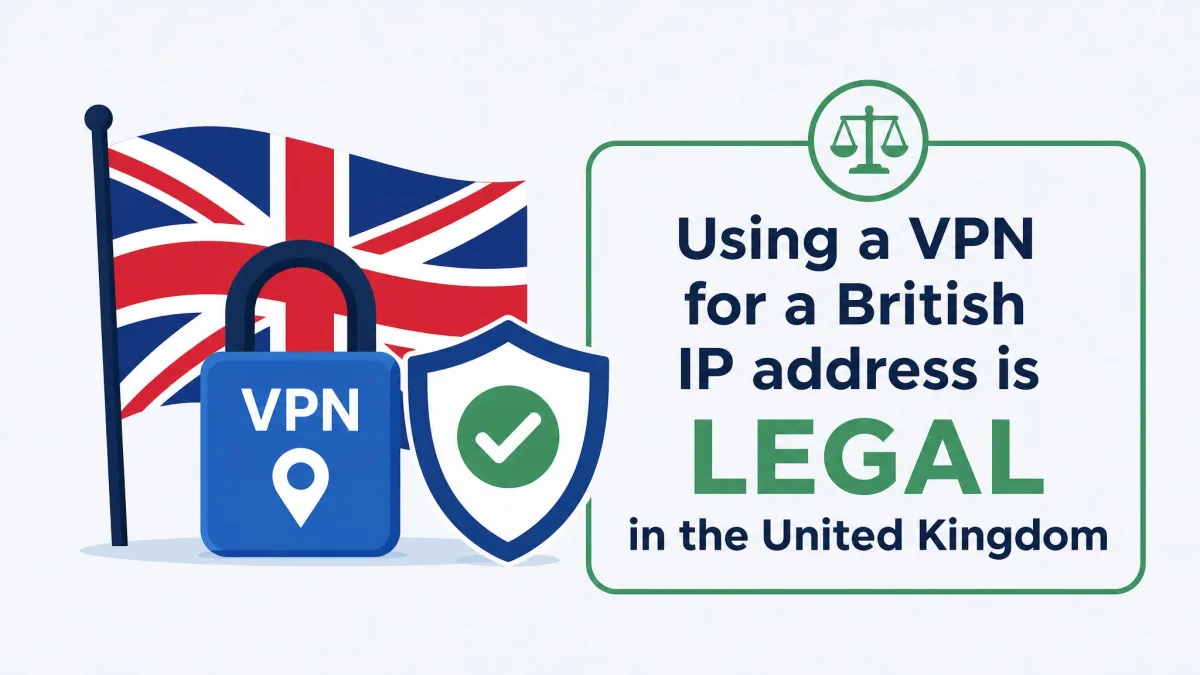 A simple explainer graphic pairing a UK flag with a padlock and a shield icon, illustrating that using a VPN for a British IP address is legal in the United Kingdom.