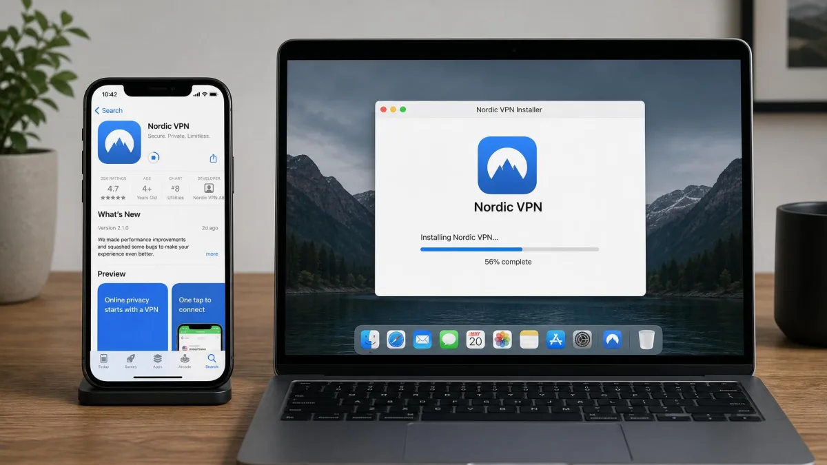 A phone and a laptop side by side, each mid-install of the same VPN app, with the App Store download screen on the phone and the desktop installer progress bar on the computer.