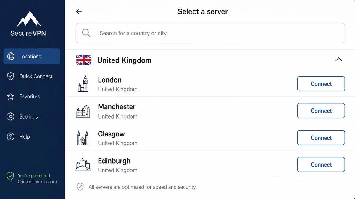 A VPN app server-selection screen listing United Kingdom locations including London, Manchester, Glasgow and Edinburgh, with a search box at the top and a connect button beside each city.