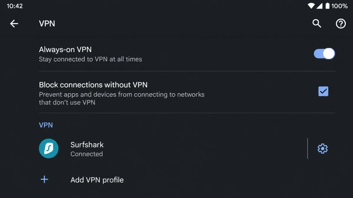 An Android network settings screen showing the always-on VPN toggle enabled alongside a block connections without VPN option, with the chosen VPN app selected.