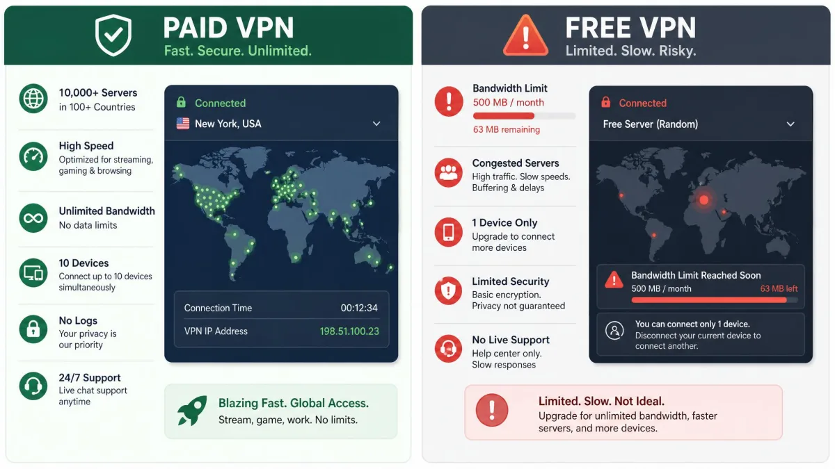 Side-by-side visual comparing a paid VPN with many fast global servers against a free VPN showing a bandwidth cap warning, congested servers, and a single device limit.