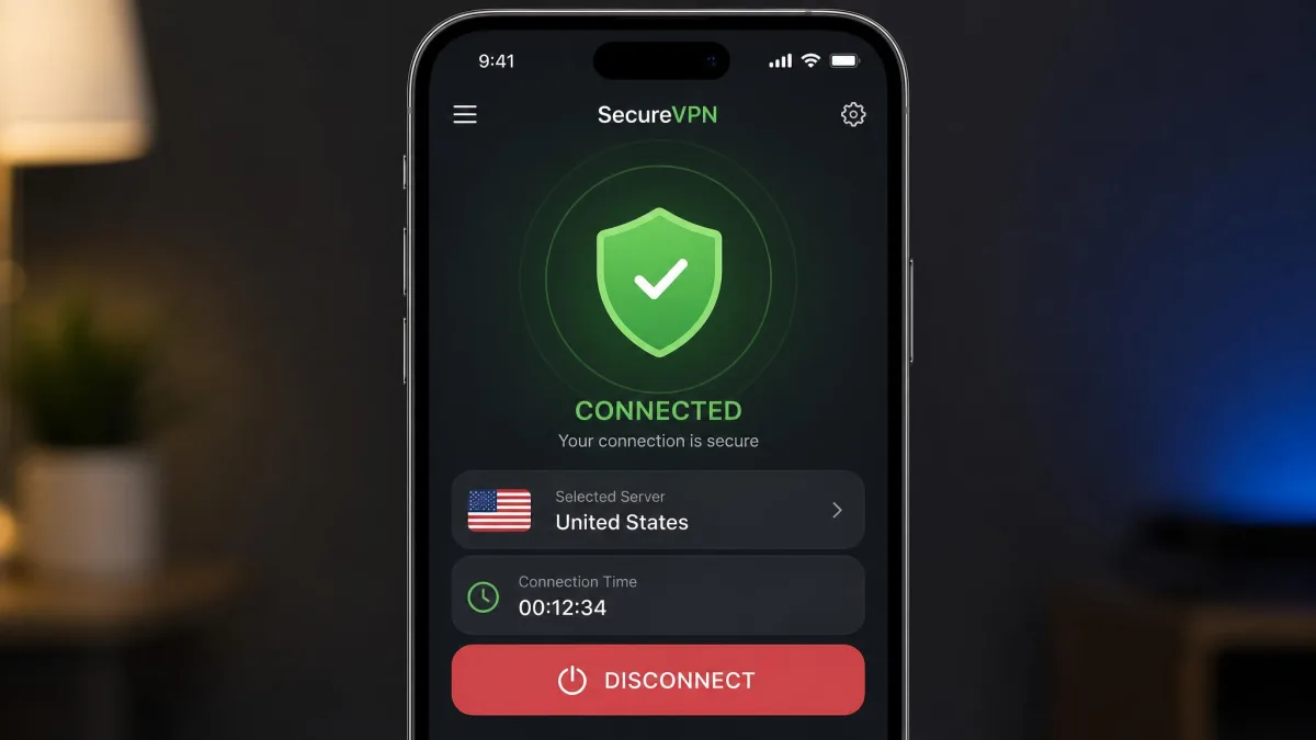 An iPhone screen showing a VPN app connected, with a large green status shield, the chosen server country, connection time, and a prominent disconnect button.