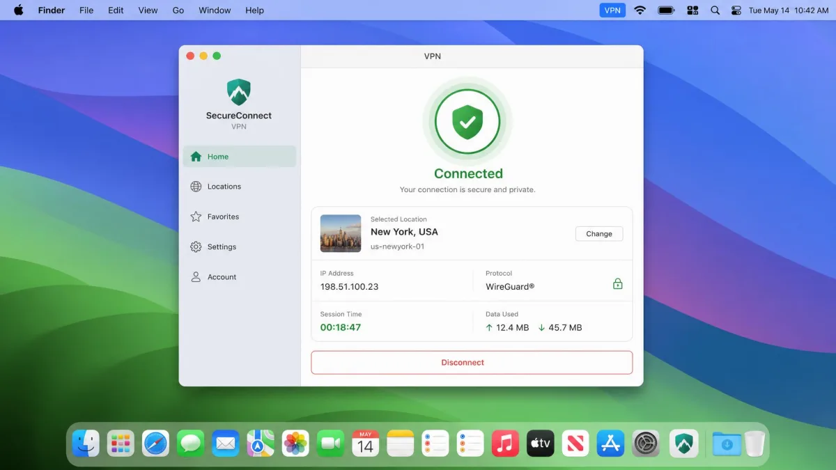 A macOS VPN app connected, showing the menu bar VPN icon lit, a status window with the selected city server, and a green connected indicator with elapsed session time.