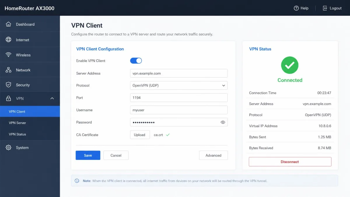 A home router admin dashboard open to the VPN client configuration tab, showing fields for server address, protocol, username, and password, with a connected status indicator.