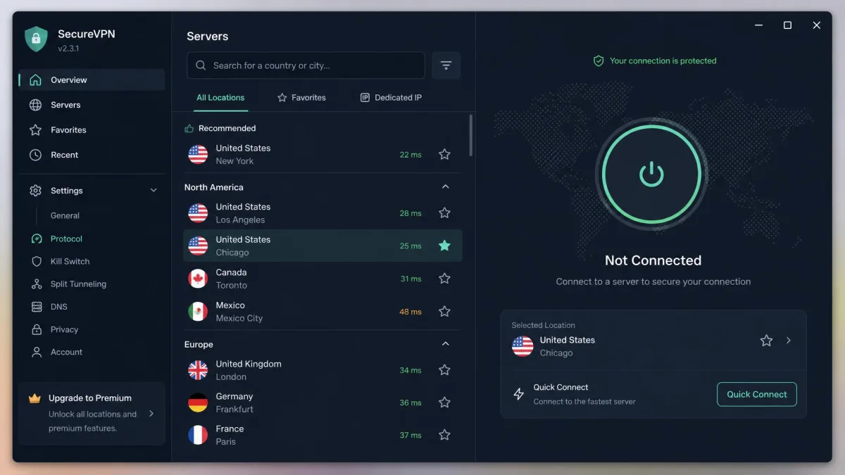 A VPN desktop app showing a searchable server list with countries and cities, a large connect button, and settings for protocol and kill switch visible in the sidebar.