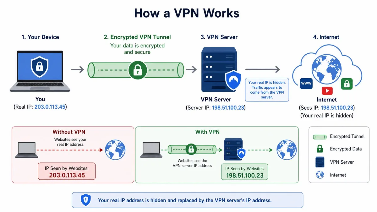 Diagram showing a laptop connecting through an encrypted tunnel to a VPN server, then out to the wider internet, with the user's real IP address hidden and replaced by the server's IP.