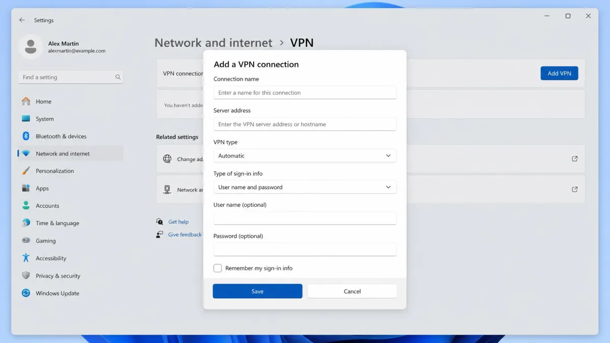 The Windows 11 Add a VPN connection dialog under Settings, Network and internet, VPN, with fields for connection name, server address, VPN type, and sign-in info.