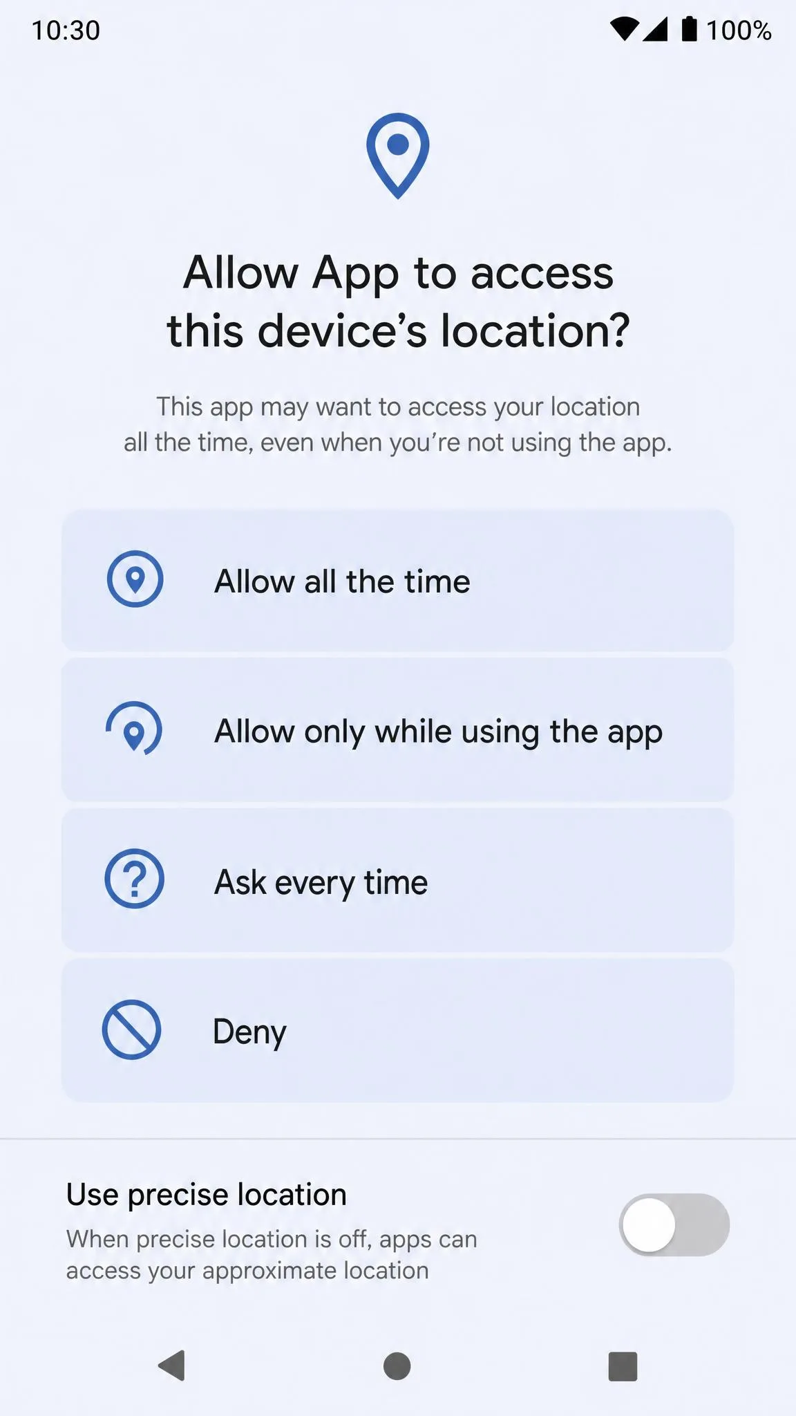 An Android app location permission screen with the options Allow all the time, Allow only while using the app, Ask every time, and Deny, plus a Use precise location toggle switched off at the bottom.