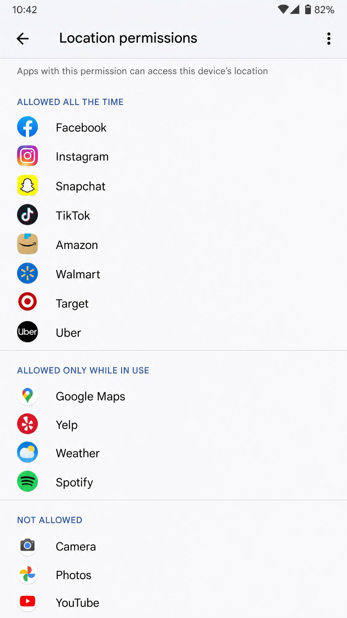 The Android App location permissions screen listing apps grouped under Allowed all the time, Allowed only while in use, and Not allowed, with several social and shopping apps visible in the all-the-time group.