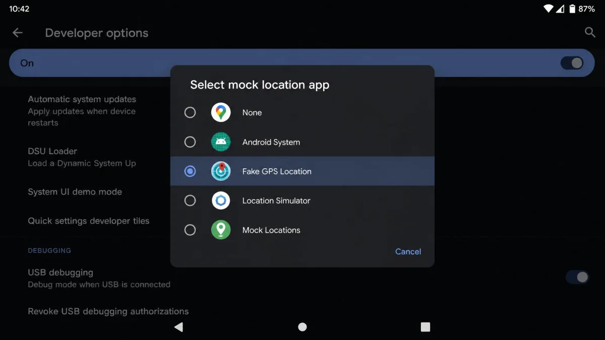 The Android Developer options screen scrolled to Select mock location app, with a fake GPS app chosen from the list and the entry highlighted.