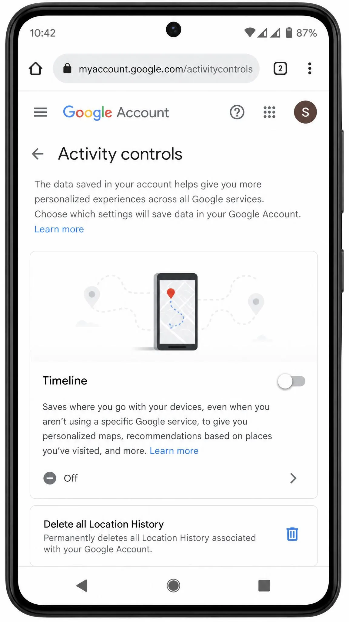 The Google Account activity controls page open in a browser on an Android phone, showing the Timeline section switched off and a Delete all Location History option below it.