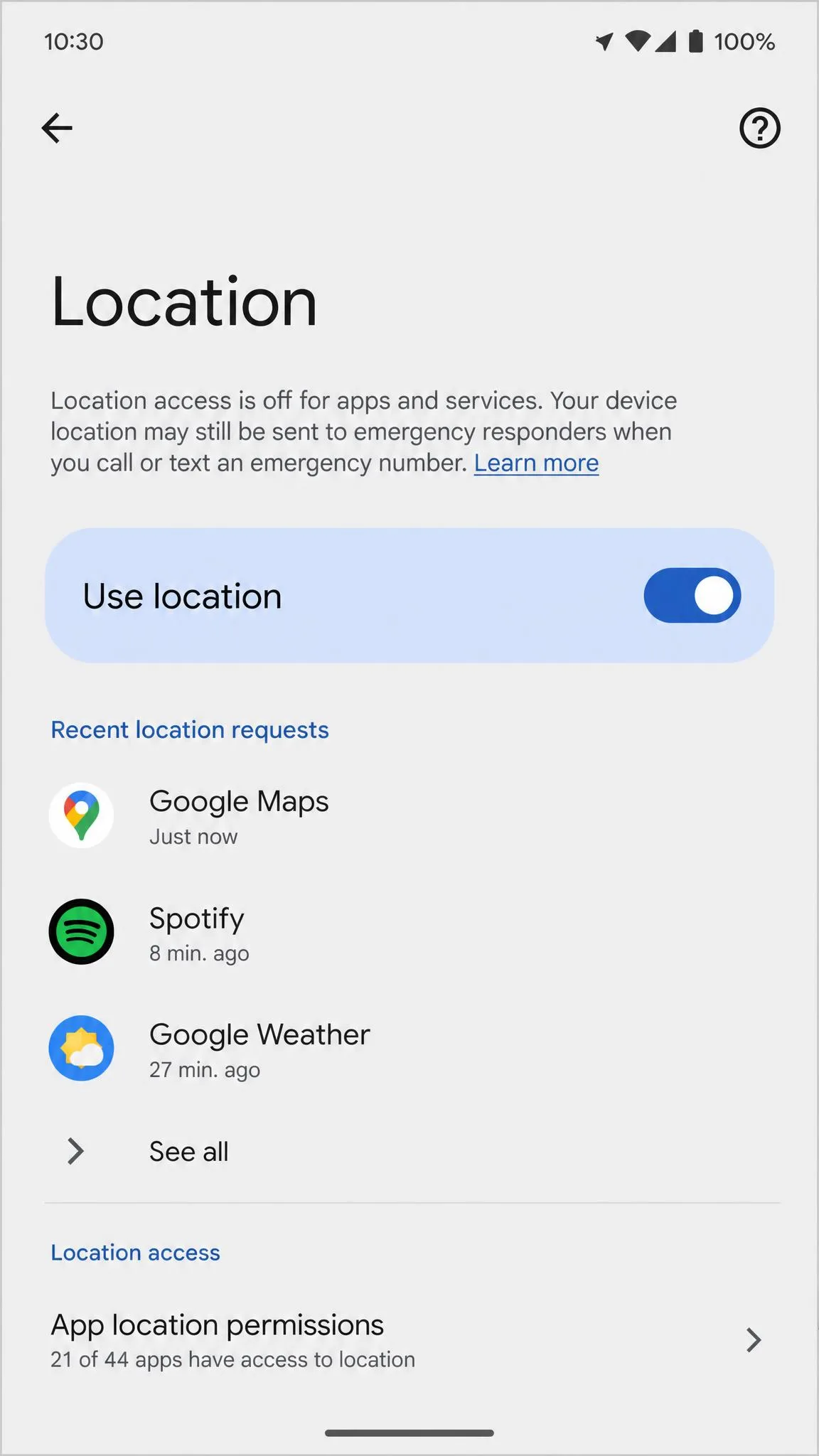 The Android Settings > Location screen on a Pixel phone, showing the master Use location toggle switched on, recent location requests, and the App location permissions entry below it.