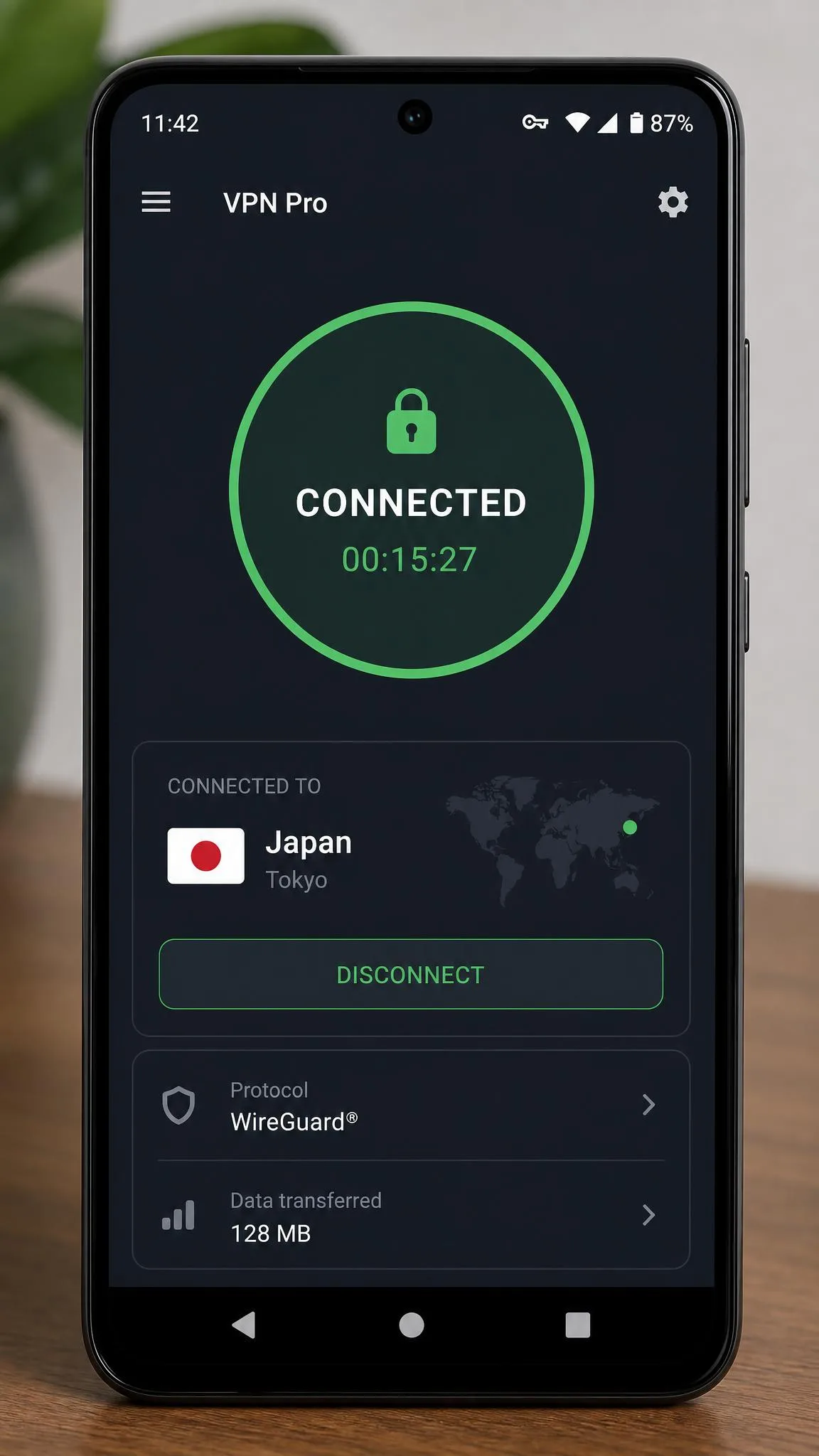 An Android phone with a VPN app connected to a server in another country, showing the key icon in the status bar and the connection timer on screen.