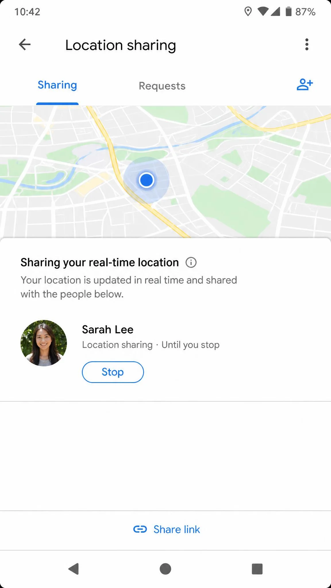 The Google Maps location sharing screen on Android showing one contact currently receiving live location, with the Stop button beneath their name and profile photo.
