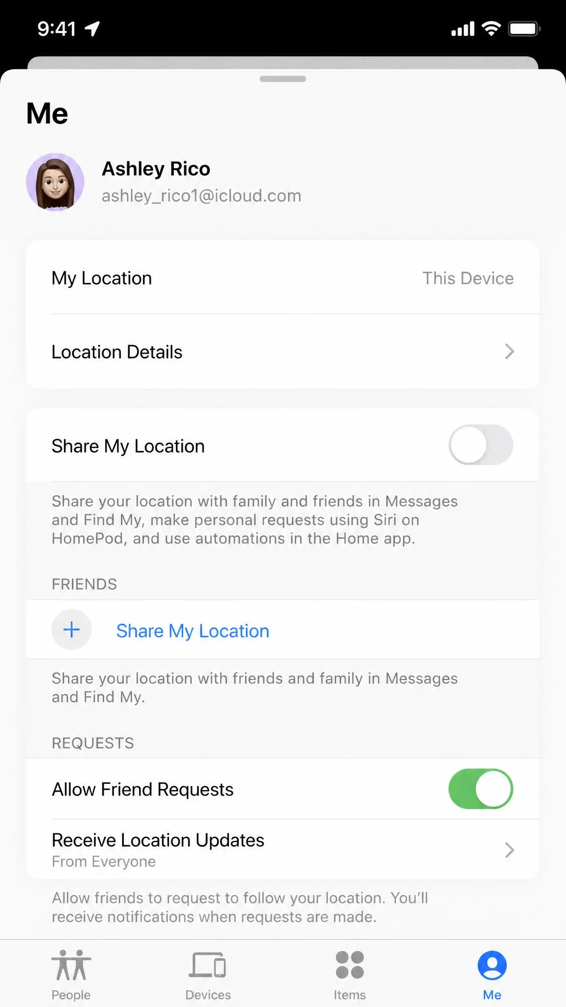 The Me tab in the iPhone Find My app with the Share My Location switch in the off position, showing the surrounding location sharing options.