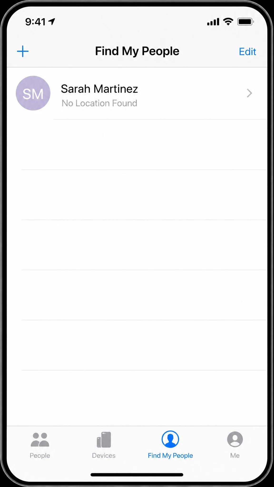 The Find My People tab on an iPhone showing a contact's entry with the grey status text "No Location Found" underneath their name instead of a map pin.