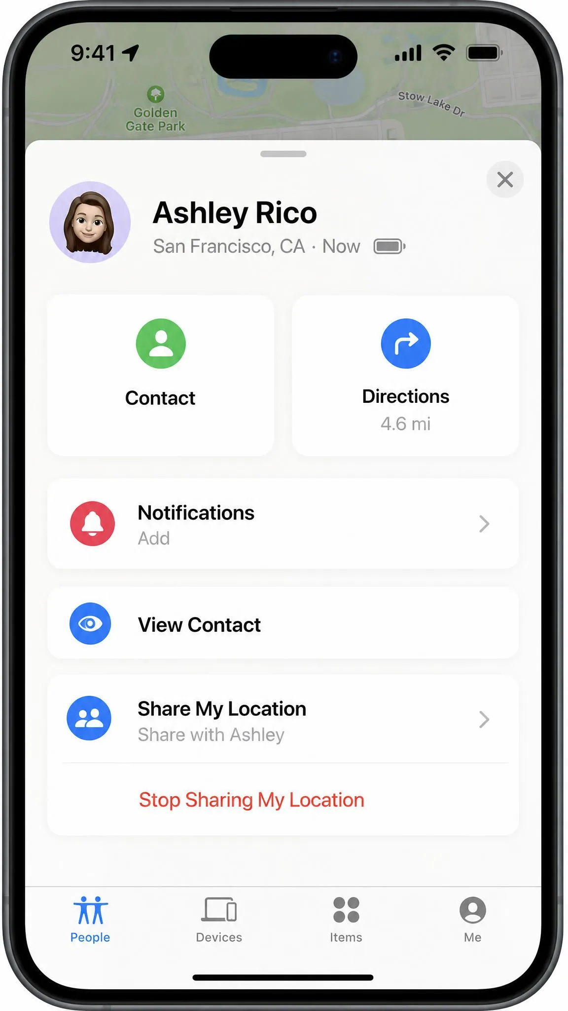 A contact's detail card in the iPhone Find My People tab with the red "Stop Sharing My Location" button visible near the bottom of the sheet.