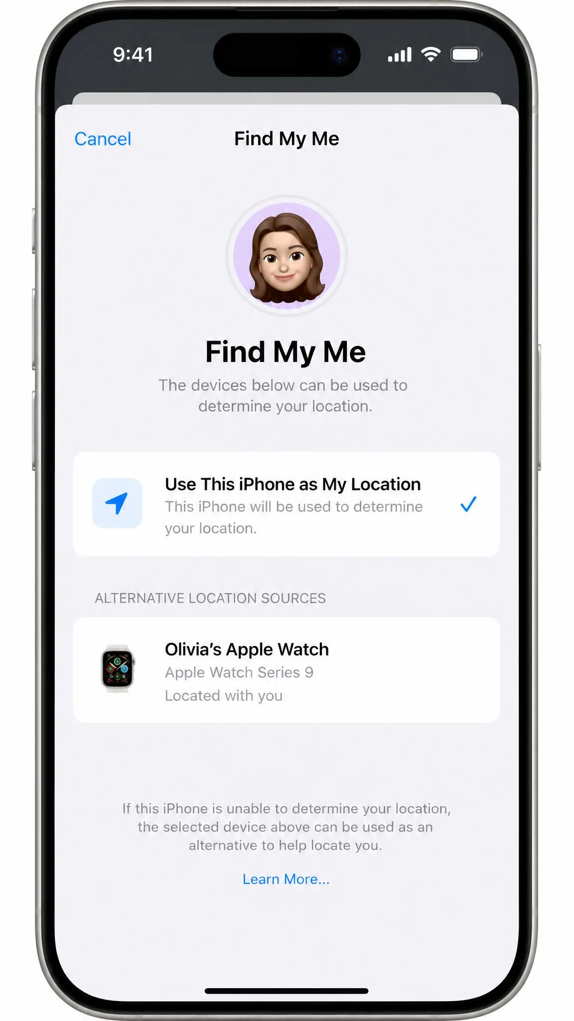 The Find My Me tab on an iPhone showing the "Use This iPhone as My Location" option with a second listed Apple device available as an alternative location source.