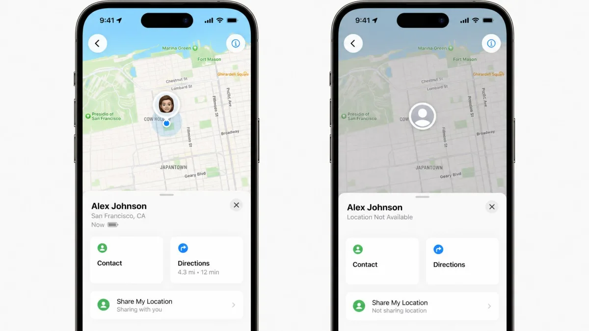 Two iPhone screens side by side, one showing Find My sharing still active with a map pin and the other showing the same contact reading Location Not Available.