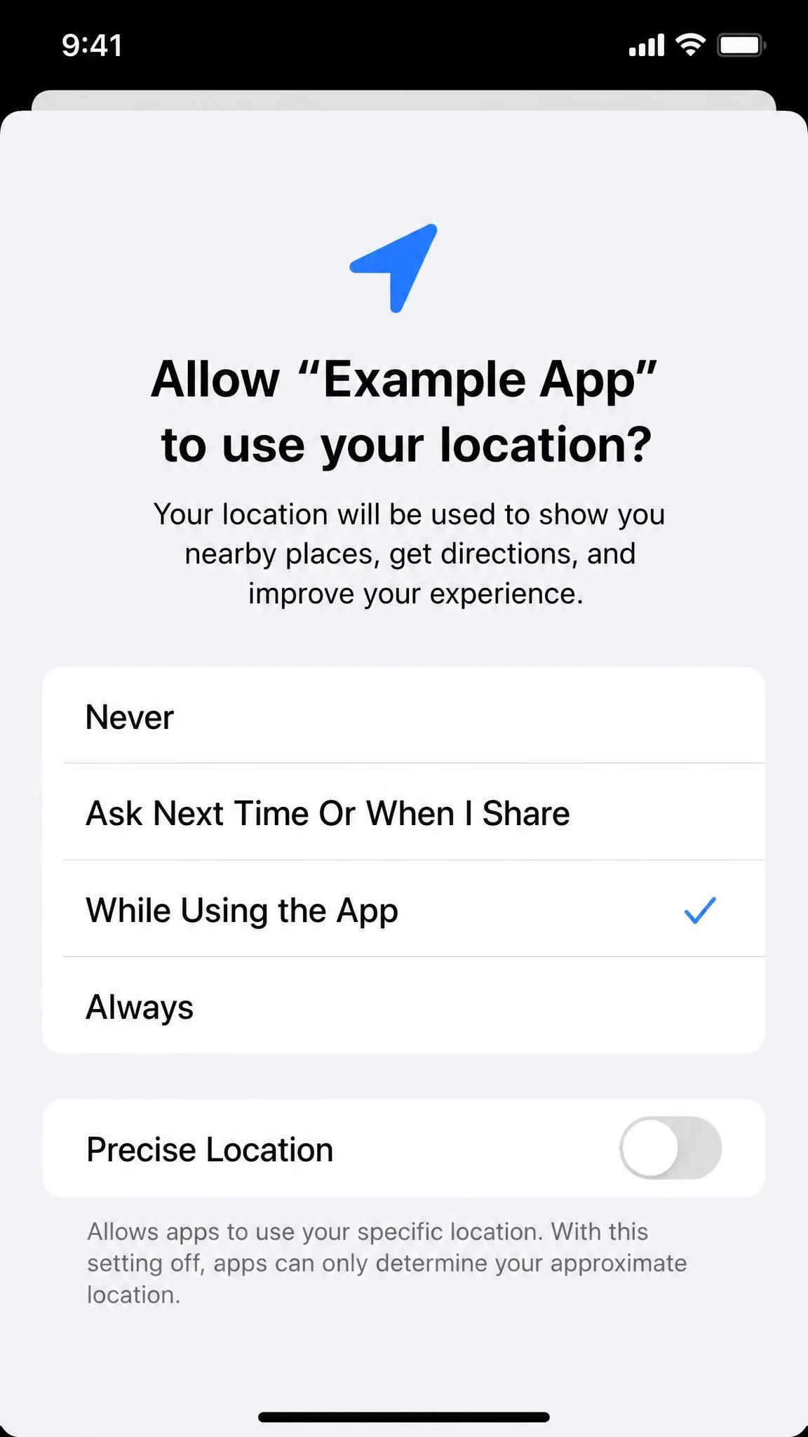An iPhone app's location permission screen showing the Never, Ask Next Time Or When I Share, While Using the App and Always options with the Precise Location switch turned off below them.