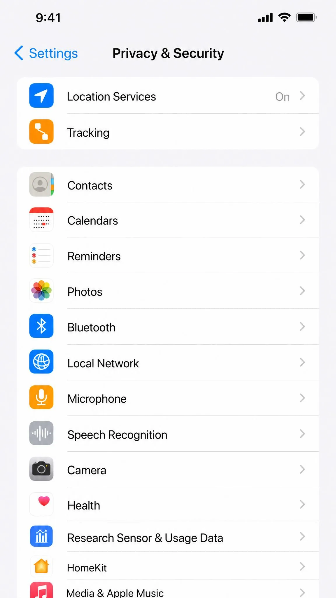 The iPhone Privacy & Security settings screen with the Location Services row at the top showing a status of On, ready to be tapped.