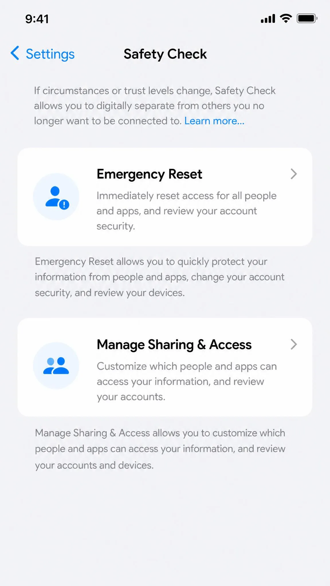 The Safety Check screen in iPhone Settings showing the Emergency Reset and Manage Sharing & Access options with their explanatory descriptions.