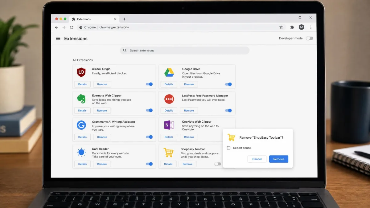 A browser extensions manager page on a laptop showing eight installed extensions with the remove confirmation dialog open on an unused shopping toolbar.