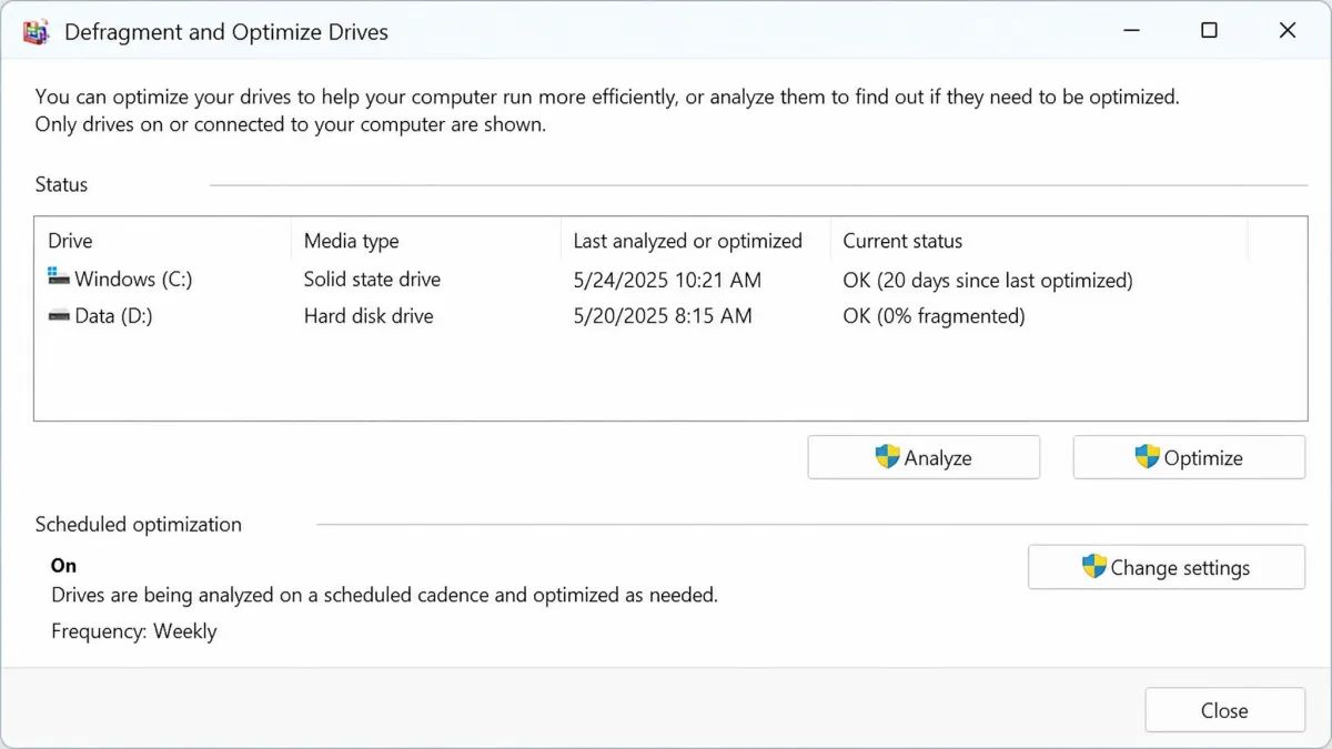The Defragment and Optimize Drives window listing two drives, with the Media type column reading Solid state drive for one and Hard disk drive for the other.