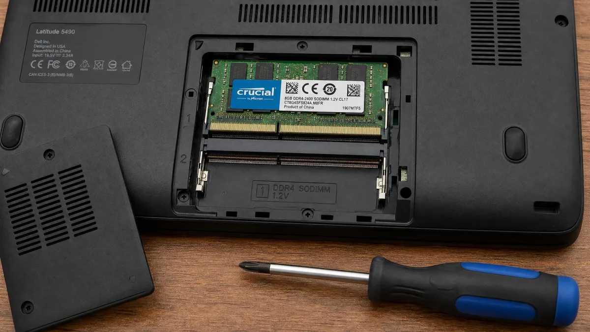 The underside access panel of a laptop removed to reveal two SO-DIMM memory slots, one occupied by an 8 GB module and one empty, with a screwdriver resting alongside.