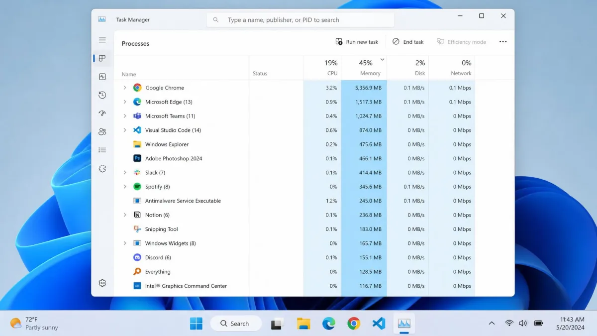 Windows 11 Task Manager open on the Processes tab on a laptop screen, with the Memory column sorted high to low and a browser sitting at the top of the list.