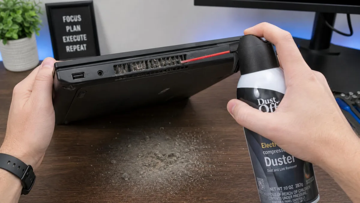 A closed laptop held on its side with a can of compressed air held upright, aimed at the dust-clogged side intake vent, with visible dust on the desk beneath.