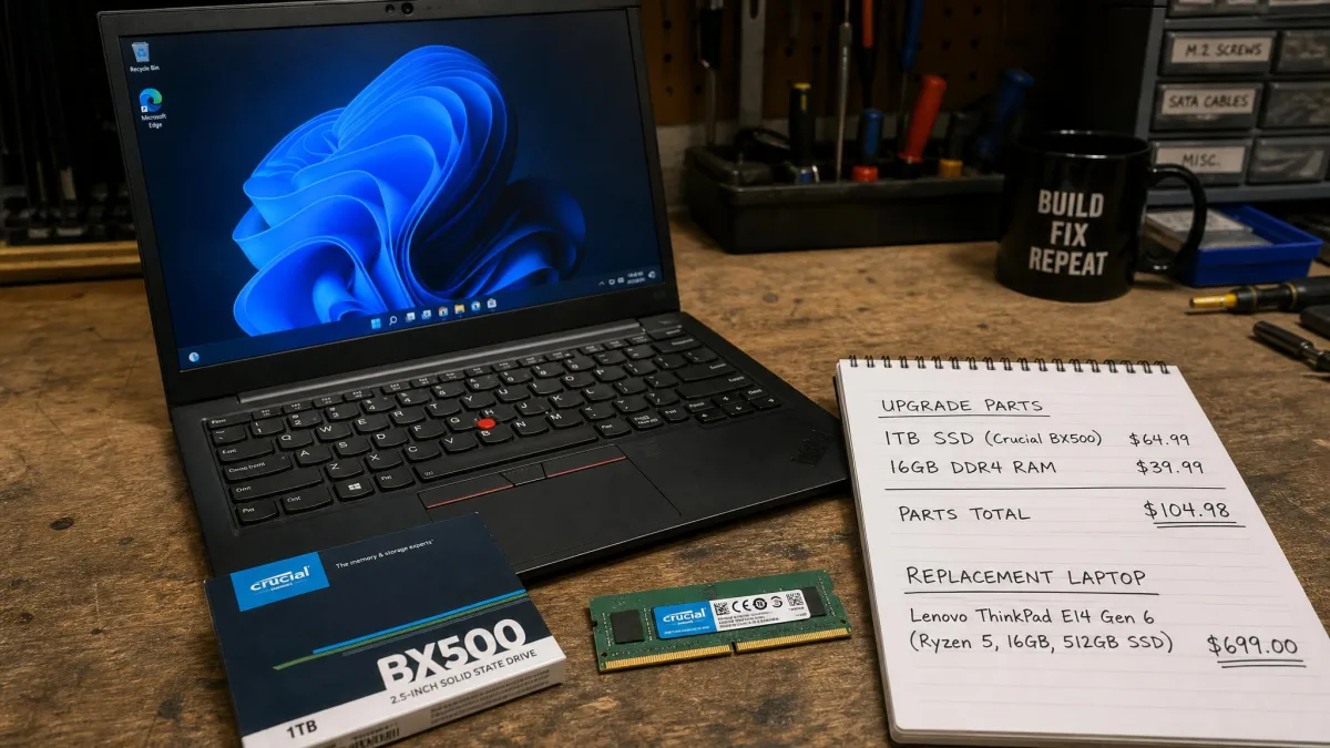 A laptop on a workbench beside a new SSD and a memory module, with a notepad listing upgrade part costs next to the price of a replacement machine.