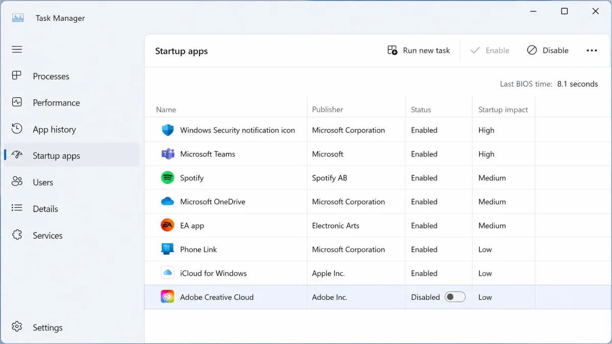 The Startup apps tab in Windows 11 Task Manager showing a list of applications with the Startup impact column reading High, Medium and Low, and one entry being switched off.