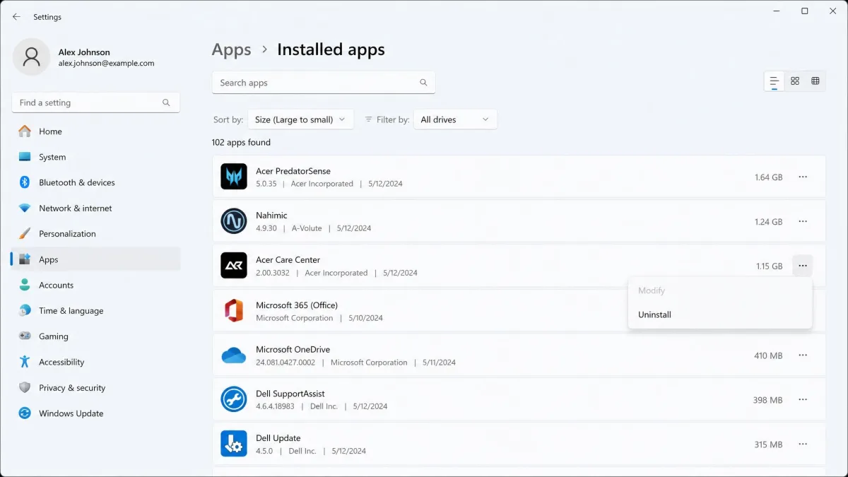 The Installed apps screen in Windows 11 Settings, sorted by size, showing several large preinstalled manufacturer applications with the uninstall menu open on one of them.