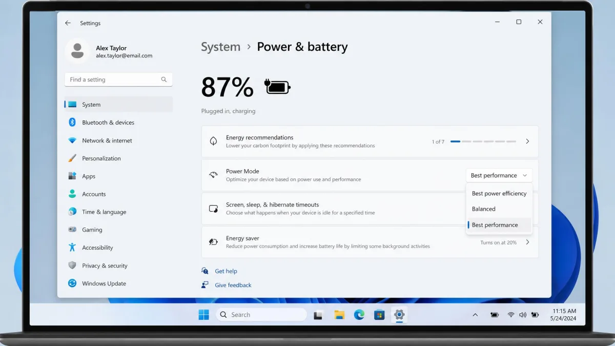The Power and battery screen in Windows 11 Settings with the Power mode dropdown open and Best performance selected, on a laptop shown plugged in at 87 percent charge.