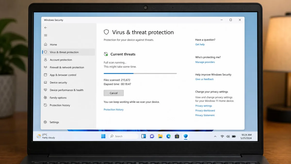 Windows Security open on Virus and threat protection with a full scan in progress, showing the count of files scanned and the elapsed time on a laptop screen.