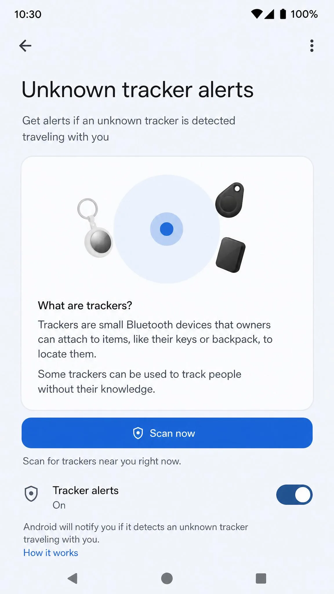 The Android Unknown tracker alerts screen under Settings, Safety and Emergency, showing the Scan now button used to sweep for nearby Bluetooth trackers such as AirTags.