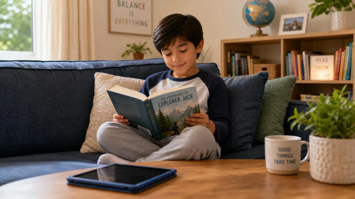 A child reading a book on a couch with a tablet set aside on the coffee table, showing a balanced mix of screen and screen-free time.
